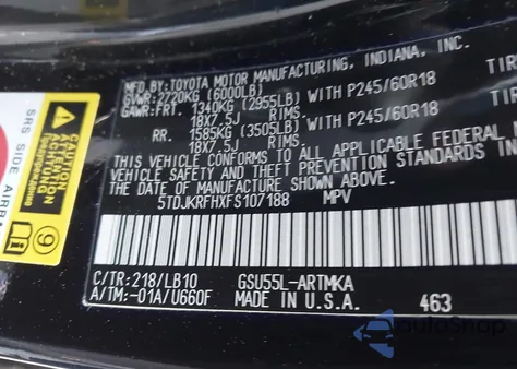 2015 Toyota Highlander Xle V6 from USA, damaged, VIN 5TDJKRFHXFS107188